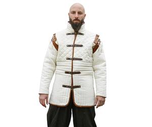 Ulfberth - Long gambeson avec boucles et manches amovibles - Wams médiévaux - Acétone pour jeux de rôle médiévaux - LARP, cosplay, reconstitution (naturel/marron avec détails en cuir, XL)