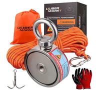 ULIBERMAGNET N52 Aimants de pêche double face super puissants 160KG*2,avec corde,Crochet à griffes,démarreur de kit de pêche à aimant néodyme,pour la pêche magnétique et la chasse au trésor sous l'eau