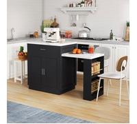 Ulife Îlot de cuisine minimaliste noir,table à manger escamotable,prises,placard de rangement,2 tiroirs,2 étagères ouvertes