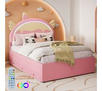 Ulife Lit d'enfant Lit familial Lit d'adolescent avec lit gigogne, forme de licorne de dessin animé, 3 tiroirs, 140x200cm/90x190cm, Rose