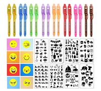 Ulifeme 16 Pièces Stylos Encre Invisible avec Lampe UV + 8 Pièces Cahiers + 8 Types de Pochoirs Dessin pour Enfant, Stylo UV Magique Secrète pour Anniversaire, Fête, Activité et Festival - Cadeau