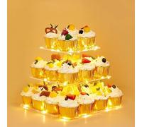Ulifeme 3 Etages Présentoir Cupcake, Support à Cupcakes avec Guirlande Lumineuse à LED Jaune, Presentoir Gateau Carré pour Anniversaire, Mariage, Remise de Diplômes, Anniversaire, Décoration de FêteE