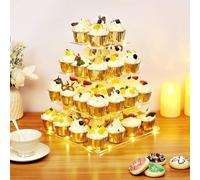 Ulifeme 4 Etages Présentoir Cupcake, Support à Cupcakes avec Guirlande Lumineuse à LED Jaune, Presentoir Gateau Carré pour Anniversaire, Mariage, Remise de Diplômes, Anniversaire, Décoration de FêteE