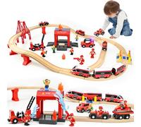 Ulikey 58 Pièces Circuit Train en Bois Enfant avec Locomotive Électrique et Camion de Pompier, Jouet Train Cadeaux d'anniversaire et de Noël pour Enfants, Compatible avec Grandes Marques Mainstream