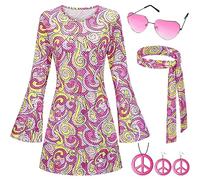 Ulikey 5pcs Déguisement Hippie Femme, Costume Hippie Chic Femme Année 70, avec Robe à paillettes, Bandeau, Collier, Boucles d'Oreilles et Lunettes, Accessoire Femme Costume d'Halloween Carnaval (XXL)