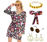 Ulikey 6 Pièces Déguisement Hippie Femme, Costume Hippie Chic Femme Année 70, avec Robe, Bandeau, Couronne, Collier, Boucles d'Oreilles et Lunettes, Accessoire Femme Costume d'Halloween Carnaval (XXL)