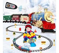 Ulikey Acrylonitrile butadiène styrène Train avec Rail, Fumé, Lumières et Son, Locomotive à Vapeur Electrique, Jouet avec Télécommande, Cadeaux de Noël Anniversaire pour Enfants, Bleu