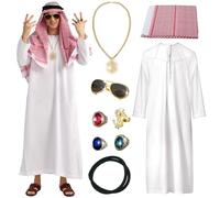 Ulikey Costume de Cheikh Arabe pour Homme, Deguisement Le Cheik, Djellaba avec Doigt Bague, Colliers, Lunettes de Soleil, Foulard pour Carnaval, Fêtes, Cosplay (3XL)
