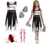 Ulikey Costume Halloween Pom Pom Girl Zombie, Deguisement Halloween Enfant Fille Zombie, Costume Écolière Zombie avec Robe de Pompom Girl, Faux Sang, Pompons et Chaussettes Hautes (Noir, 150)