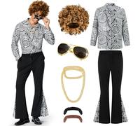 Ulikey Déguisement Année 70 Homme, Tenue Année 6070 Hommes Ensemble de Costume Rétro Hippie avec Perruque, Chemise, Pantalon à Pattes d'éléphant et Accessoires Disco pour Carnaval