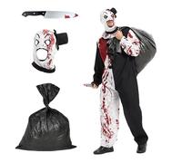 Ulikey Deguisement Clown Tueur Adulte, Costume Halloween Clown, Terrifier Clown Combinaison, avec Grand Sac Noir et Capuche Poignard, Cosplay Art the Clown pour Halloween Carnaval Terrifier (XXL)