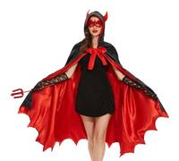 Ulikey Deguisement Diable Femme, Halloween Deguisement Cape de Vampire Femme, Cape à Capuche Noir Rouge Double Face avec Baton du Diable, Cache-œil en Dentelle et Gants en Dentelle