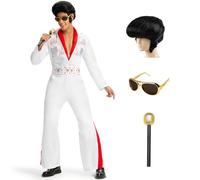 Ulikey Déguisement Elvis Homme, 6 Pièces Deguisement Disco Homme avec Perruque Elvis, Lunettes de Soleil, Micro, Écharpe Rouge, Costume Disco Années 70 pour Carnaval, Soirée Cosplay (M)