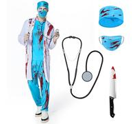 Ulikey Déguisement Médecin Zombie Homme, Ensemble de Déguisement Chirurgien Zombie Horreur avec Blouse, Chapeau de Médecin, Masque de Médecin, Haut et Pantalon pour Halloween Carnaval (Bleu, M)