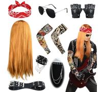 Ulikey Déguisement Rock Homme, 11 PCS Runk Gothique Rocker Kit avec Perruque Lunettes Gants Bandana Bracelet Manches Ceinture Chaîne, Accessoires de Costume Punk pour Rocker Fête des Années 70 80 90