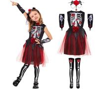 Ulikey Déguisement Squelette Enfant, Halloween Robe Squelette Costume Squelettes Filles avec Chaussettes Squelett, Collier en Dentelle Rose et Gants pour Halloween et Carnaval (M)
