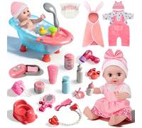 Ulikey Ensemble de Bain Poupon Jouet, Kit Poupee Bébé et Accessoires avec Baignoires Bain Jouet, 2 Tenues, Serviette de Bain et Autres, Poupon Jeu Interactif pour Enfant Filles Garçons 2 3 4 Ans