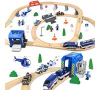 Ulikey Ensemble de chemin de fer en bois pour enfants - 72 pièces - Rails et train - Kit de train miniature avec locomotive électrique, police et voleurs - Cadeau pour garçons et filles