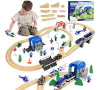Ulikey Ensemble de chemin de fer en bois pour enfants - 72 pièces - Rails et train - Kit de train miniature avec locomotive électrique, police et voleurs - Cadeau pour garçons et filles