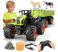 Ulikey Grand Tracteur Electrique Enfant, 1:16 Tracteur Telecommandé Enfant 11 Canaux avec Remorque, Vache, Mouton et Balle de Foin, Jouets agricoles pour garçons et Enfants
