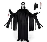 Ulikey Halloween Ghostface Costume Set, Déguisement Scream Adulte avec Gants Noirs, Masque Scream, Couteau Jouet, Costumes Horreur Adultes pour Halloween, Carnaval, Cosplay Party