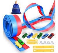 Ulikey Piste de Course Flexible, 4.6M Piste de Voiture Enroulable, 6 Voitures + Ventouse + Sac de Rangement, Circuit Voiture Enfant Jouet Cadeau pour Garçons Filles 3+ Ans, Rouge et Bleu