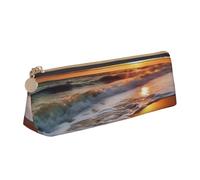 ULKMFFCF Beach Sunrise Trousse à crayons triangulaire avec imprimé vague blanche - Jolie pochette en cuir à fermeture éclair pour l'école, le bureau, les voyages et le maquillage, blanc, Taille unique