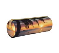 ULKMFFCF Coconut Beach Sunset Hamac Trousse ronde en cuir avec fermeture éclair pour l'école, le bureau, les voyages et le maquillage, blanc, Taille unique, Cartable