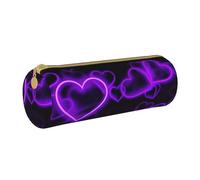 ULKMFFCF Fashion Purple Hearts Printed Round Pencil Case - Cute Leather Zip Pouch for School, Office, Travel and Makeup, blanc, Taille unique, Cartable