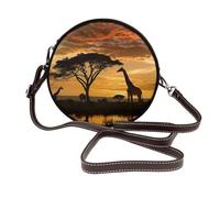 ULKMFFCF Grand Teton Sac à bandoulière rond imprimé parc national pour femmes et filles, sac à bandoulière en cuir pour l'école, le travail, les voyages, Girafe et arbres au crépuscule en Afrique
