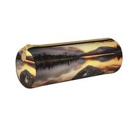 ULKMFFCF Rock and Lake Under Sunset Trousse ronde en cuir avec fermeture éclair pour l'école, le bureau, les voyages et le maquillage, blanc, Taille unique, Cartable