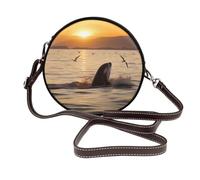 ULKMFFCF Sac à bandoulière rond en cuir avec microphone imprimé notes de musique pour femme et fille pour l'école, le travail, les voyages, Orque sous le coucher du soleil, Taille unique