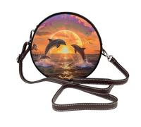ULKMFFCF Sac à bandoulière rond en cuir imprimé fruits tropicaux ananas pour femme et fille pour l'école, le travail, les voyages, Dauphins au coucher du soleil., Taille unique