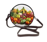 ULKMFFCF Sac à bandoulière rond en cuir imprimé lamantins des Antilles pour femmes et filles pour l'école, le travail, les voyages, Variété de fruits et légumes frais., Taille unique
