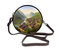 ULKMFFCF Sac à bandoulière rond en cuir imprimé tournesol jaune pour femme et fille pour l'école, le travail, les voyages, Village Scenic, Taille unique