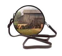 ULKMFFCF Sac à bandoulière rond en cuir imprimé tournesol jaune pour femme et fille pour l'école, le travail, les voyages, Grange campagne en bois, Taille unique