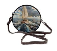 ULKMFFCF Sac à bandoulière rond imprimé vieux bateau pour femmes et filles, sac à bandoulière en cuir pour l'école, le travail, les voyages, Voilier de mer, Taille unique