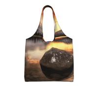 ULKMFFCF Sac fourre-tout réutilisable en toile imprimée soleil, papillons, fleurs pour femme, sac à main pour l'école, le travail, les voyages, Rock and Lake Under Sunset, Taille unique