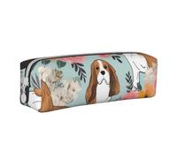ULKMFFCF Sweet Basset Hound Trousse à crayons en cuir avec imprimé floral - Jolie pochette zippée pour l'école, le bureau, les voyages et le maquillage, blanc, Taille unique, Cartable