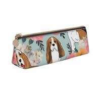 ULKMFFCF Sweet Basset Hound Trousse à crayons triangulaire avec imprimé floral - Jolie pochette zippée en cuir pour l'école, le bureau, les voyages et le maquillage, blanc, Taille unique, Cartable