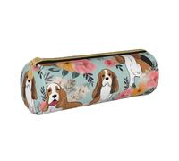 ULKMFFCF Sweet Basset Hound Trousse ronde en cuir avec imprimé floral pour l'école, le bureau, les voyages et le maquillage, blanc, Taille unique, Cartable