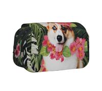 ULKMFFCF Trousse à crayons double couche avec imprimé dragon jaune sur fond noir pour étudiants, fournitures scolaires, organiseur de voyage, Fleurs tropicales et corgi 2, Taille unique, Cartable