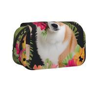 ULKMFFCF Trousse à crayons double couche avec imprimé dragon jaune sur fond noir pour étudiants, fournitures scolaires, organiseur de voyage, Fleur tropicale et corgi, Taille unique, Cartable