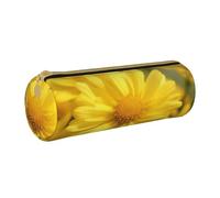 ULKMFFCF Trousse ronde en cuir avec fermeture éclair pour l'école, le bureau, les voyages et le maquillage - Motif floral jaune, blanc, Taille unique, Cartable