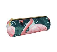 ULKMFFCF Trousse ronde en cuir avec imprimé flamant rose et feuille verte pour l'école, le bureau, les voyages et le maquillage, blanc, Taille unique, Cartable