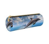 ULKMFFCF Unique 3D Animal Dolphin Printed Round Pencil Case - Cute Leather Zip Pouch for School Office Travel and Makeup, blanc, Taille unique, Cartable