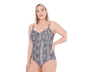 Ulla Popken Badeanzug, Iris, Struktur, Schmuckdetail, Zig-zag Jungle Maillot de Bain Une pièce, Noir, 42 Femmes