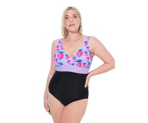 Ulla Popken Badeanzug Laura, Erdbeeren Maillot de Bain Une pièce, Noir, 60 Femmes