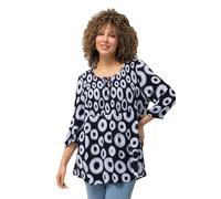 Ulla Popken Femme Grandes Tailles Blouse smockée à Motif Cercles. Col Rond et Manches 3/4. Coupe évasée Marine 66+ 829086130-66+