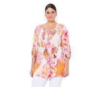 Ulla Popken Femme Grandes Tailles Blouse smockée, imprimé Patchwork. Col Rond et Manches 3/4. Coupe évasée Blanc Neige 46+ 837444200-46+